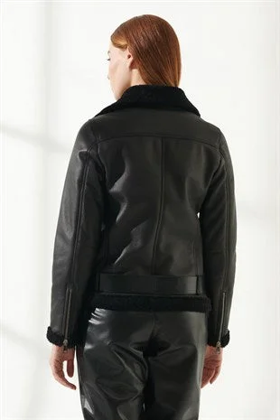 Women's Casual Black Shearling Leather Jacket