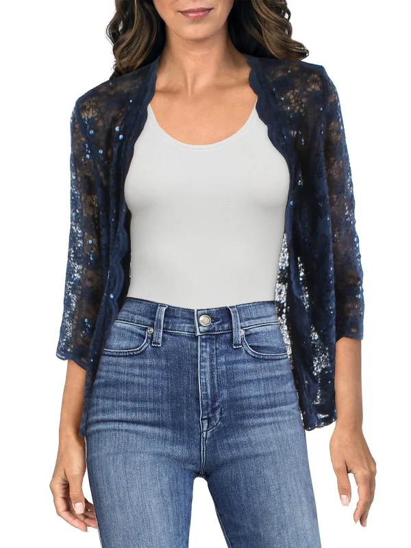 Womens Lace Sequined Collarless Blazer