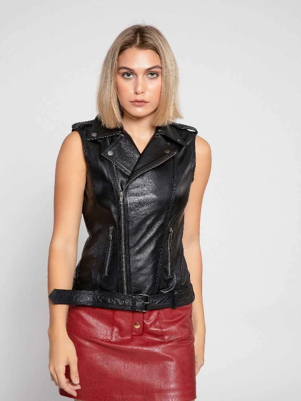 Womens Stylish Black Leather Vest - Boneshia.com