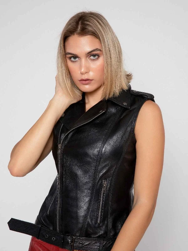 Womens Stylish Black Leather Vest - Boneshia.com