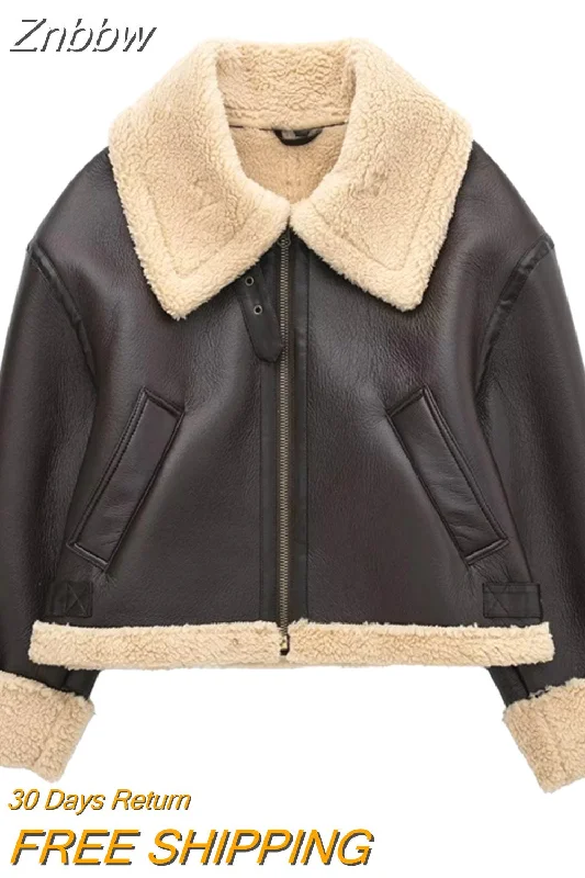 Znbbw Winter 2023 Women Jacket Coats Faux Shearling Sheepskin Coat Retro Motorcycle Jacket Fleece Woman Jackets Outerwear Tops