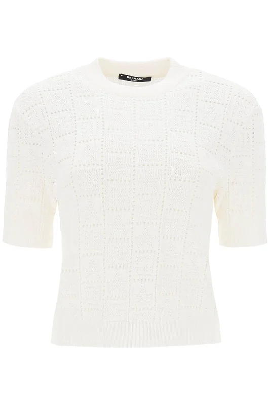 Balmain short-sleeved top in monogram knit CF1AI091KF97 BLANC