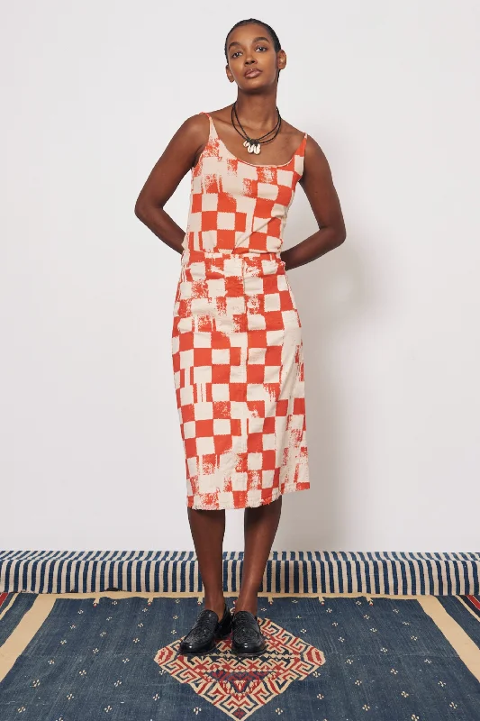 Check Tencel Twill Camel and Tomato Durban Midi Skirt