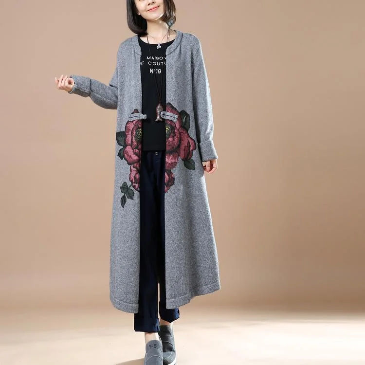 Gray floral knit coats woman cardigans