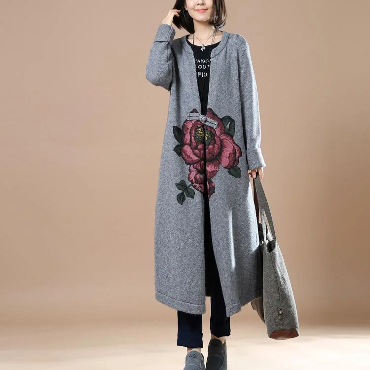 Gray floral knit coats woman cardigans