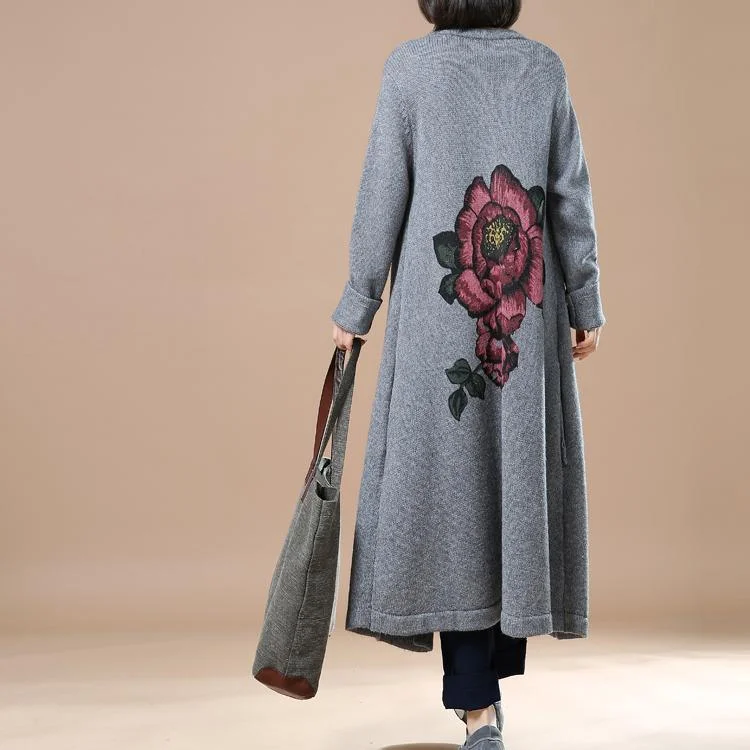 Gray floral knit coats woman cardigans