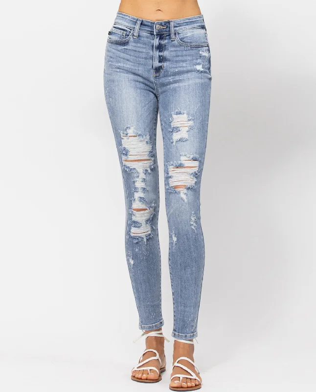 Judy Blue High Rise Skinny Bleach Splash Destroyed Jeans