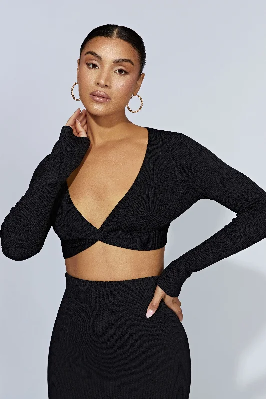 Kaesha Long Sleeve Twist Front Knit Top - Black