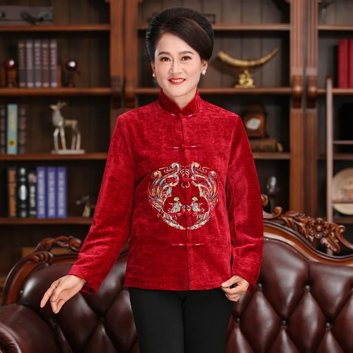 Mandarin Collar Dragon Embroidery Velvet Traditional Chinese Jacket Mother Coat