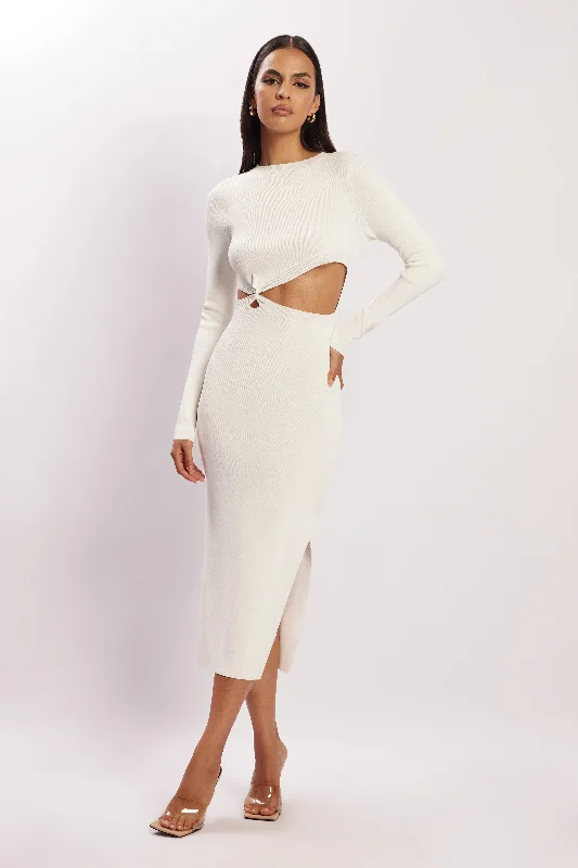 Mila Twist Front Knit Midi Dress - White