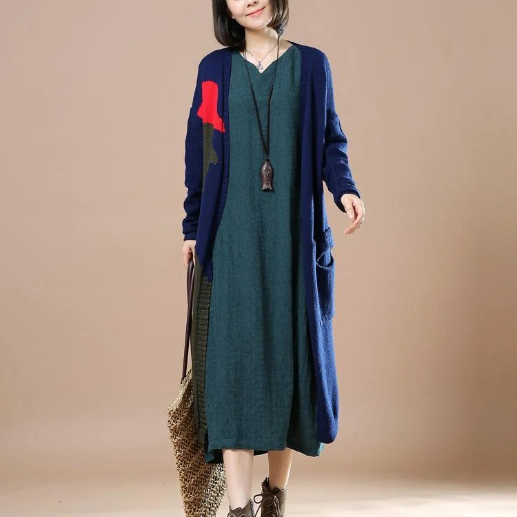 Navy patchwork long cardigans woman sweater coat