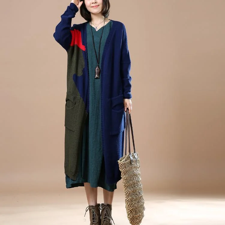 Navy patchwork long cardigans woman sweater coat