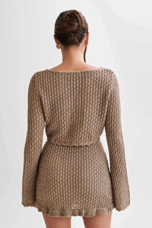 Sian Knit Long Sleeve Crop Top - Taupe