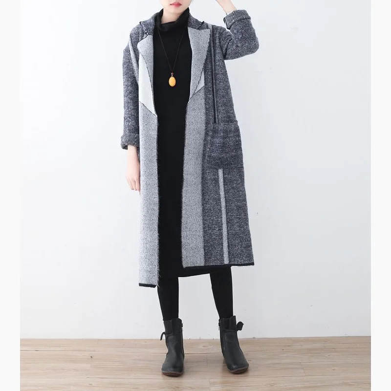 vintage gray coat for woman casual maxi coat Notched outwear patchwork pockets long coats