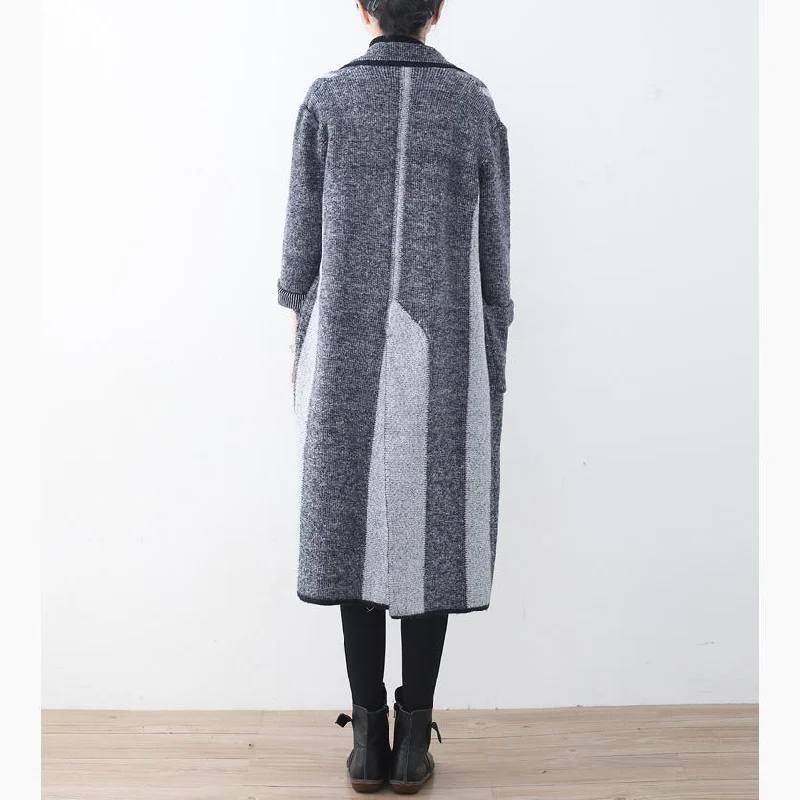 vintage gray coat for woman casual maxi coat Notched outwear patchwork pockets long coats