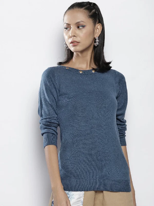 Women Blue Rib Boat Neck Full Sleeves Sweater