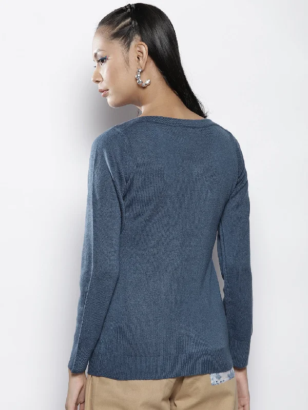 Women Blue Rib Boat Neck Full Sleeves Sweater