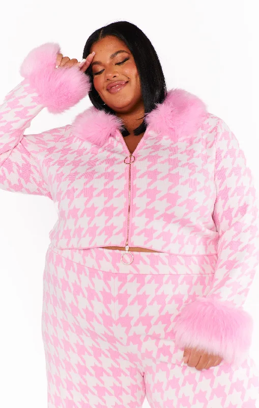 Zermatt Zip Up ~ Pink Houndstooth with Faux Fur