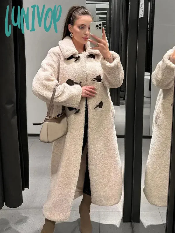 Lunivop Chic Solid Horn Button Women's Plush Long Coat Fashion Polo Neck Full Sleeve Thicken Jacket  Winter Female Elegant Outerwear