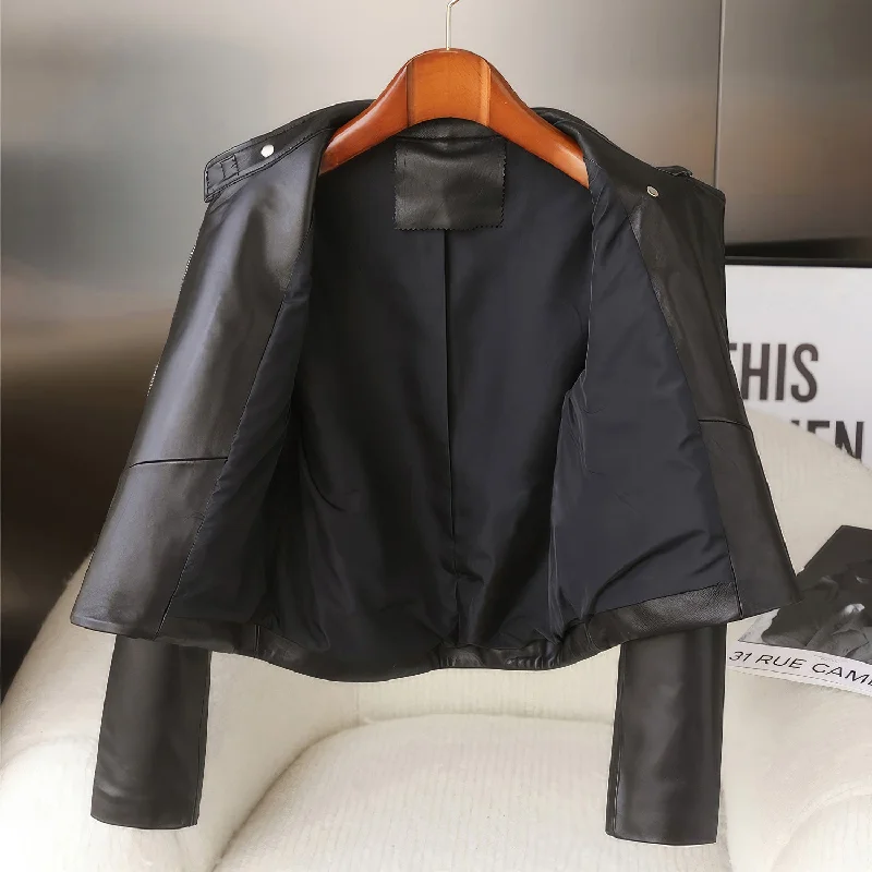 Women’s Black Biker Genuine Sheepskin Stand Collar Crossover Café Racer Classic Motorcycle Rider Slim Fit Leather Jacket